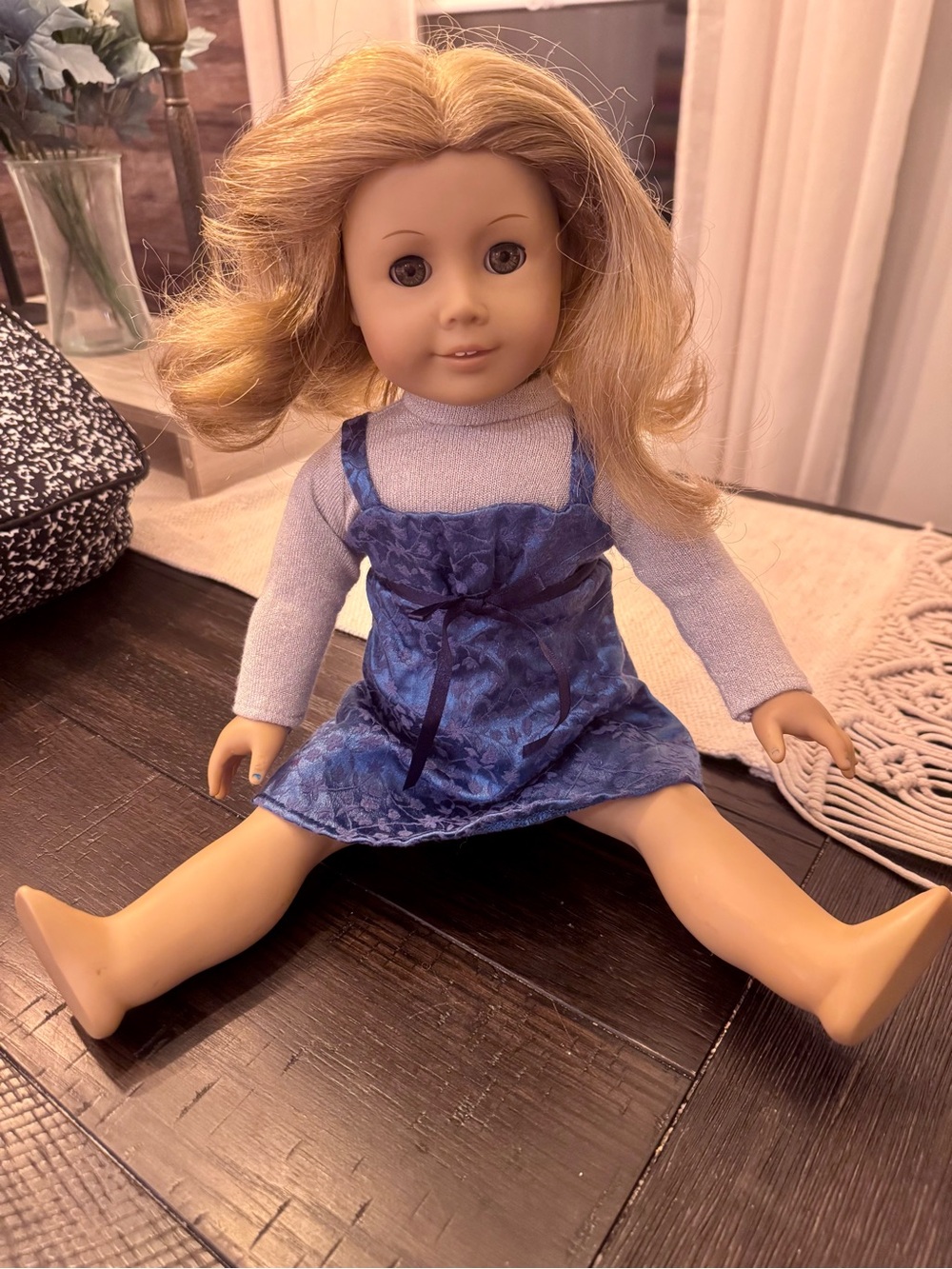 American Girl Blonde Doll in Blue Dress and Light Gray Top